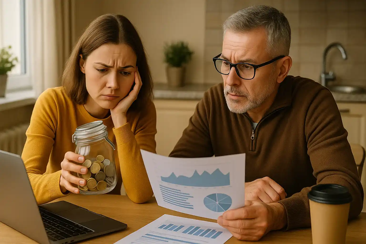 A father and daughter review household finances at the kitchen table, showing the emotional weight of rising costs and the search for practical solutions.