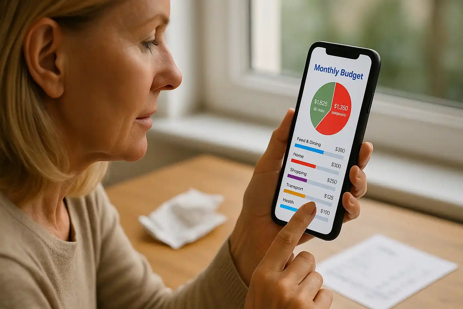 A middle-aged woman tracks her monthly budget using a finance app on her smartphone that helps her manage everyday expenses.