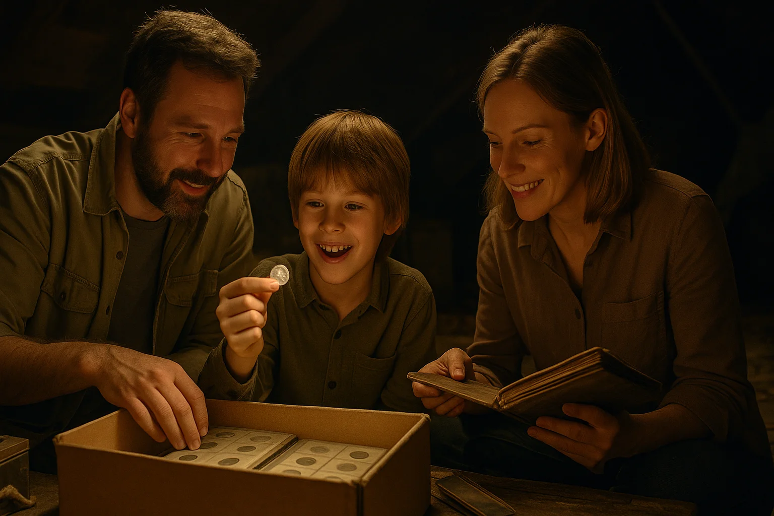 A family explores an old attic, where their child joyfully discovers a rare coin inside a dusty box of vintage albums.