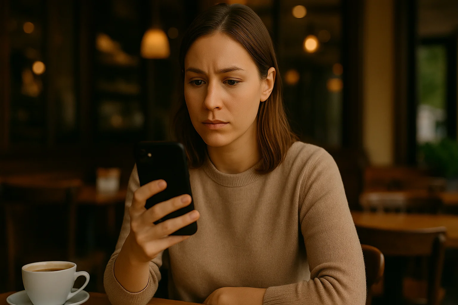 A young woman sits in a cozy café, cautiously reading information on her smartphone before installing a new app.