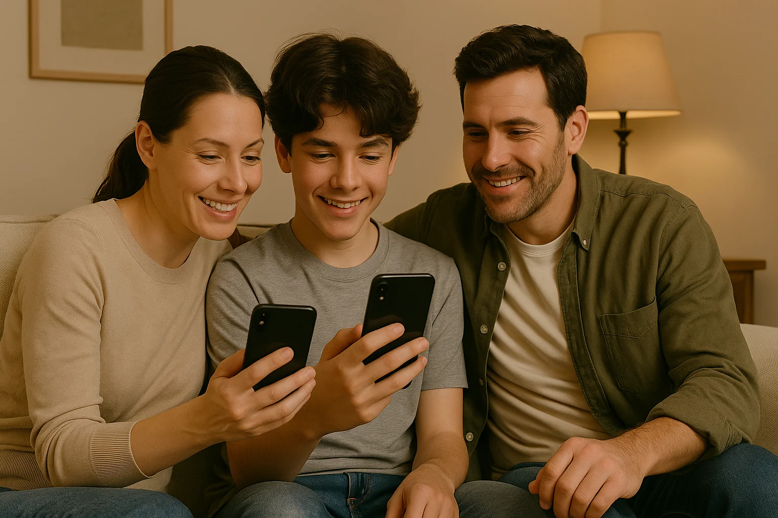 A smiling family of three sits together at home, collaboratively setting up a family tracker app on their phones in a moment of trust and connection.