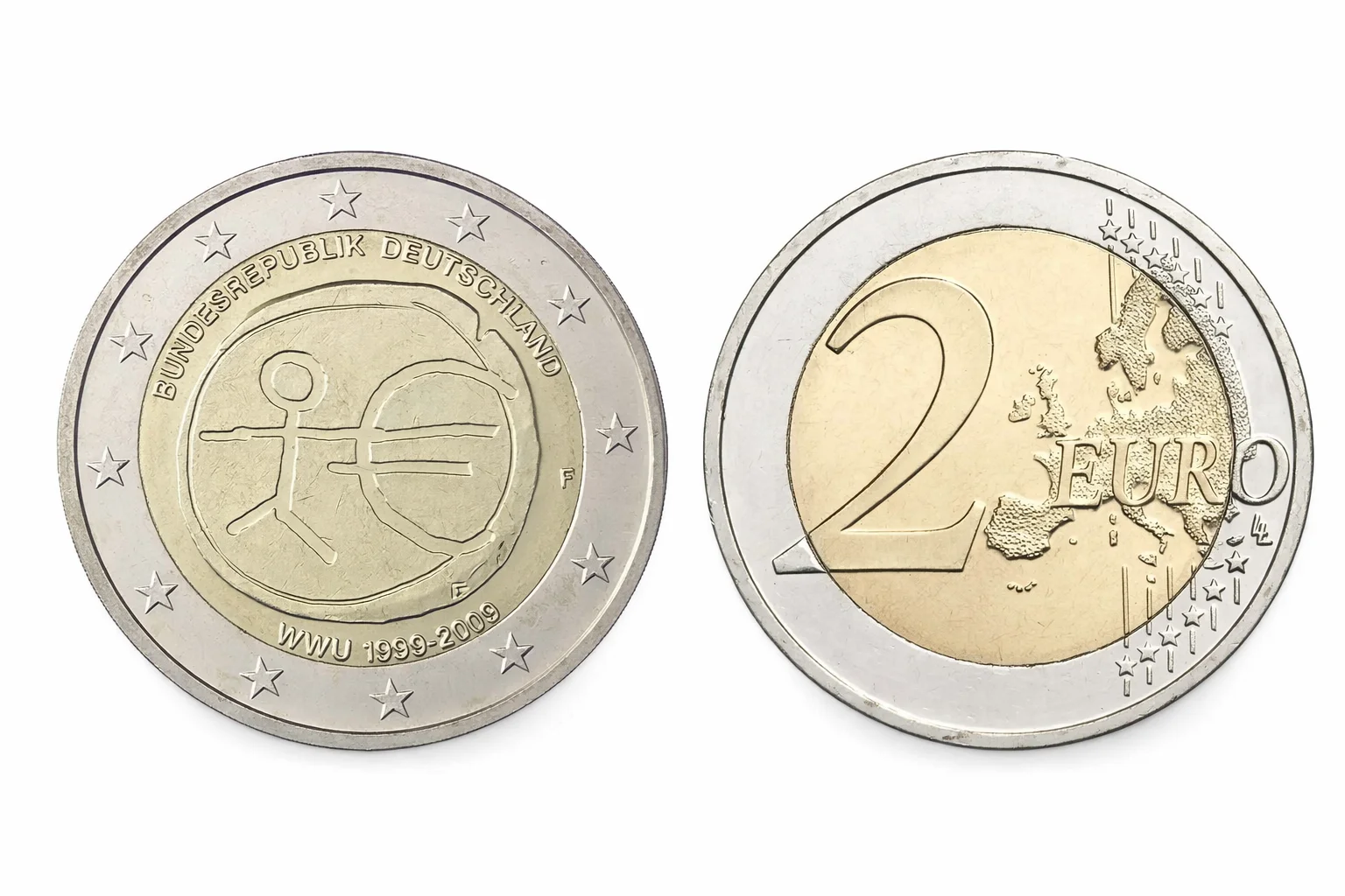 Vorder- und Rückseite der 2-Euro-Strichmännchen-Münze.