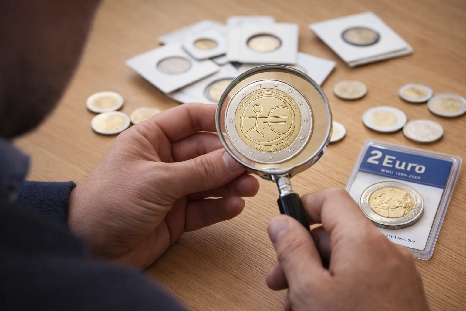 Sammler prüft eine 2-Euro-Strichmännchen-Münze mit Lupe am Tisch.